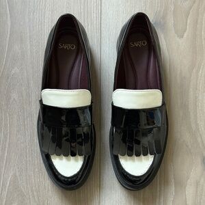 Franco Sarto Black Patent Fringe Loafers Size 8M New Stylish Comfort Work